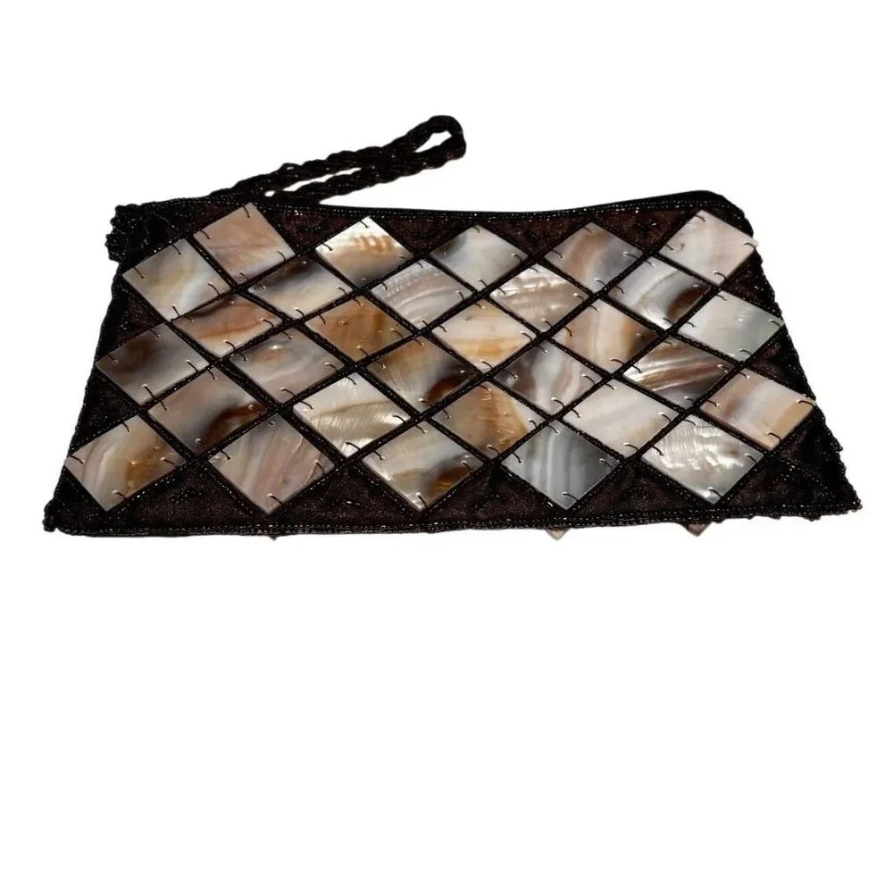 Mad Style‎ Handmade Mother Of Pearl & Natural Horn Wristlet Change Purse 9x5.5”